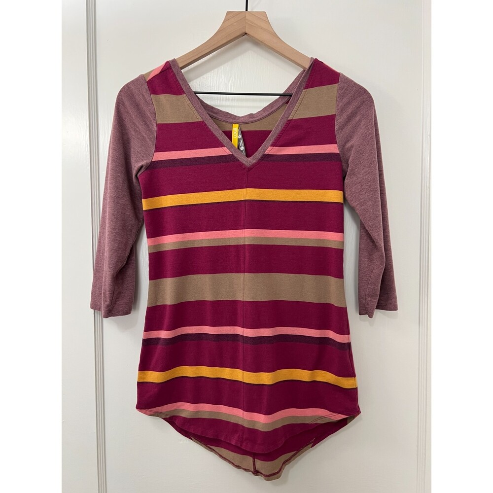 Lole Striped Organic Cotton V Neck 3/4 Sleeve Top Purple Pink Yellow Women's XS
